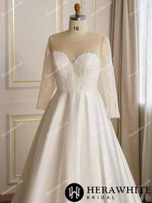 Beaded Sheer Long Sleeve Satin Wedding Dress