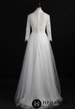 Flowy Long Sleeve High Neck A-Line Wedding Dress