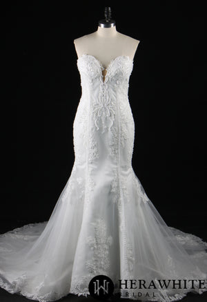 Strapless V-Neck Beaded Lace Mermaid Dress With Chaple Train