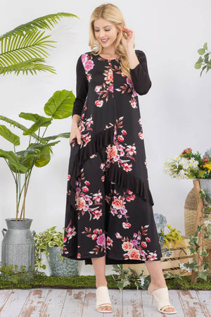 PLUS SIZE FLORAL CONTRAST MID-DRESS WITH RUFFLES -CD43841C-P