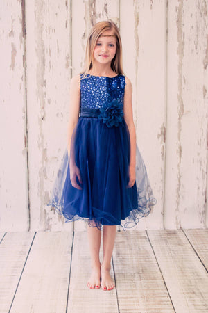 Sequin Party Girls Dress with 3D Mesh Flower and Sash