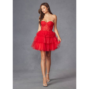 STRAPLESS COCKTAIL GOWN WITH LEAF LACE CORSET BODICE AND RUF