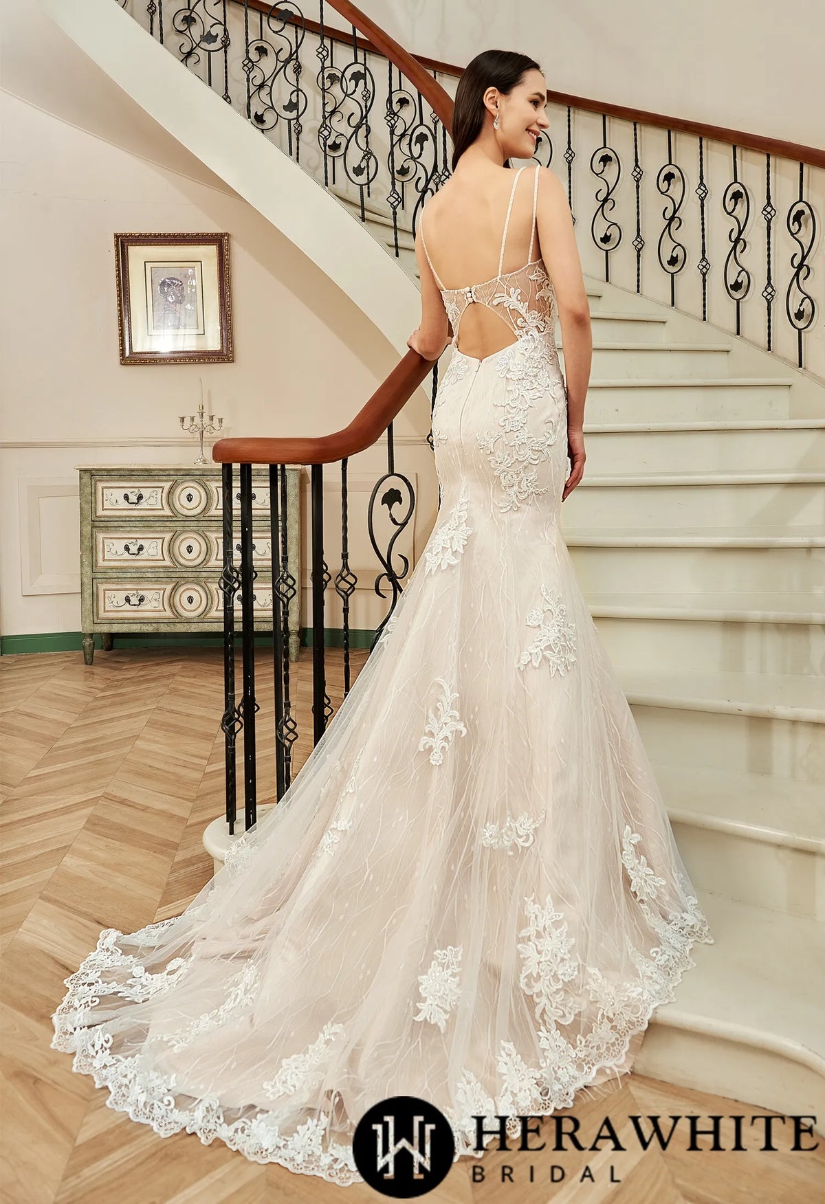 Pink Nude Fit And Flare With Beaded Straps Floral Lace Wedding Dress