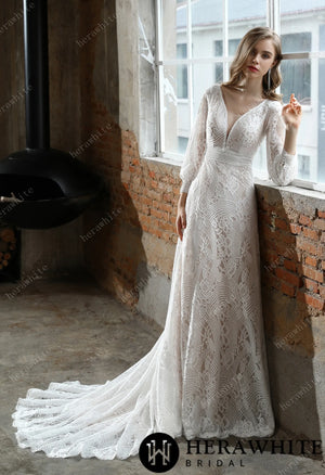 Unique Plunging V-neck Lace Bohemian wedding gown