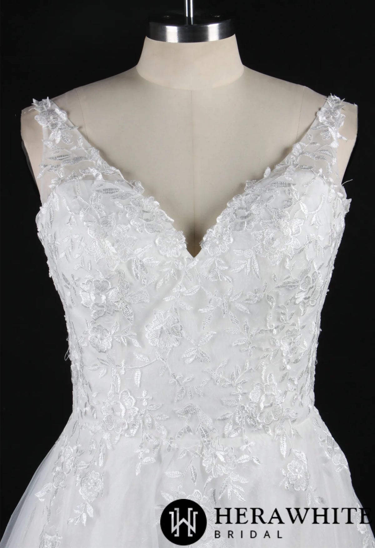 Embroidered Tulle Wedding Dress With A-Line Silhouette and V-Neck