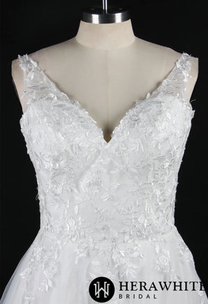 Embroidered Tulle Wedding Dress With A-Line Silhouette and V-Neck
