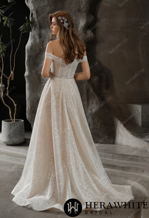 Shimmer Off-the-shoulder Neckline A-line Tulle Wedding Dress