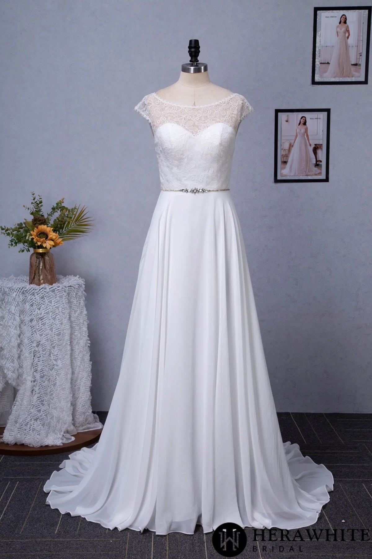 Cap Sleeve Chiffon A-Line Wedding Dress With Detachable Train