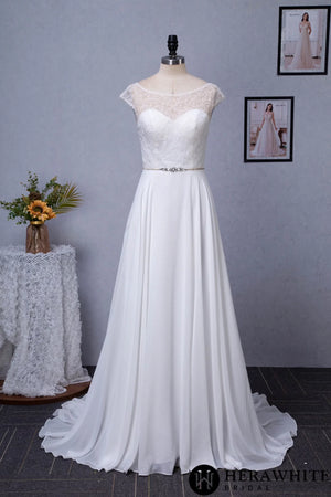 Cap Sleeve Chiffon A-Line Wedding Dress With Detachable Train