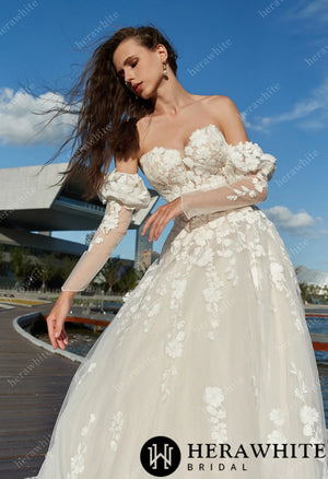 Strapless A-Line Floral Wedding Dress with Detachable sleeves