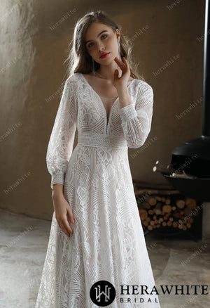 Unique Plunging V-neck Lace Bohemian wedding gown
