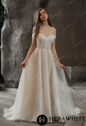 Shimmer Off-the-shoulder Neckline A-line Tulle Wedding Dress