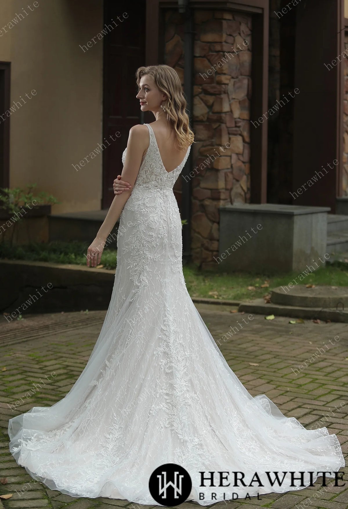 Classic V-Neck Allover Lace Fit And Flare Wedding Dress