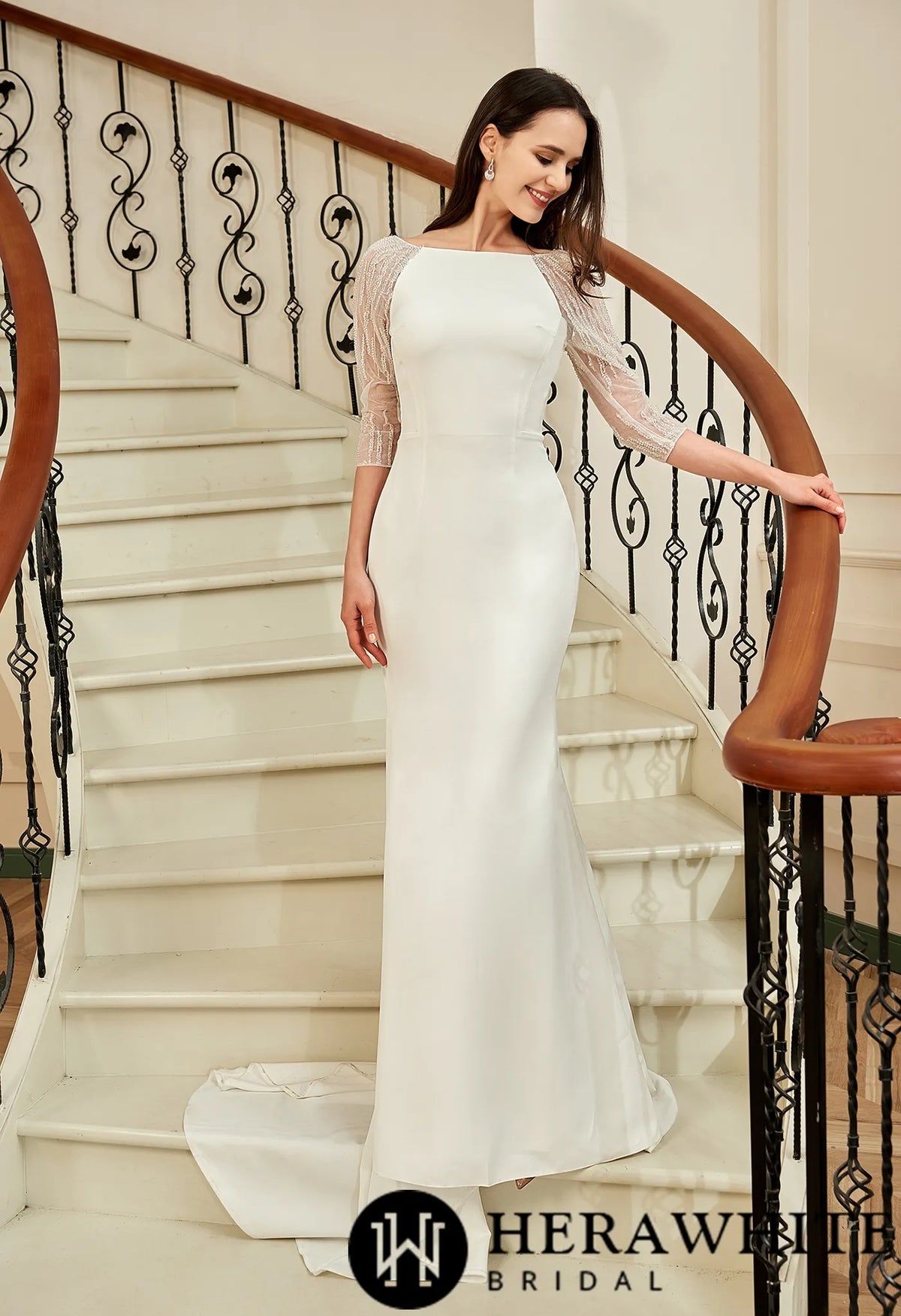 Bateau Neckline Long Train Crepe Bridal Gown With Beaded Illusion Back