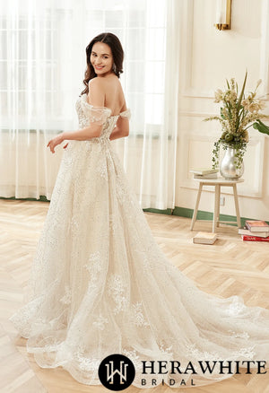 Floral Lace Sweetheart Sequin Tulle Wedding Dress With Detachable Straps
