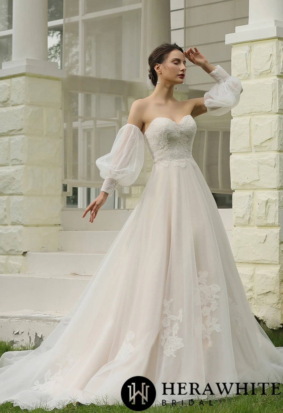 Classic A-Line Strapless Bridal Gown With Detachable Bishop Sleeves