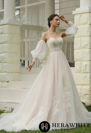 Classic A-Line Strapless Bridal Gown With Detachable Bishop Sleeves