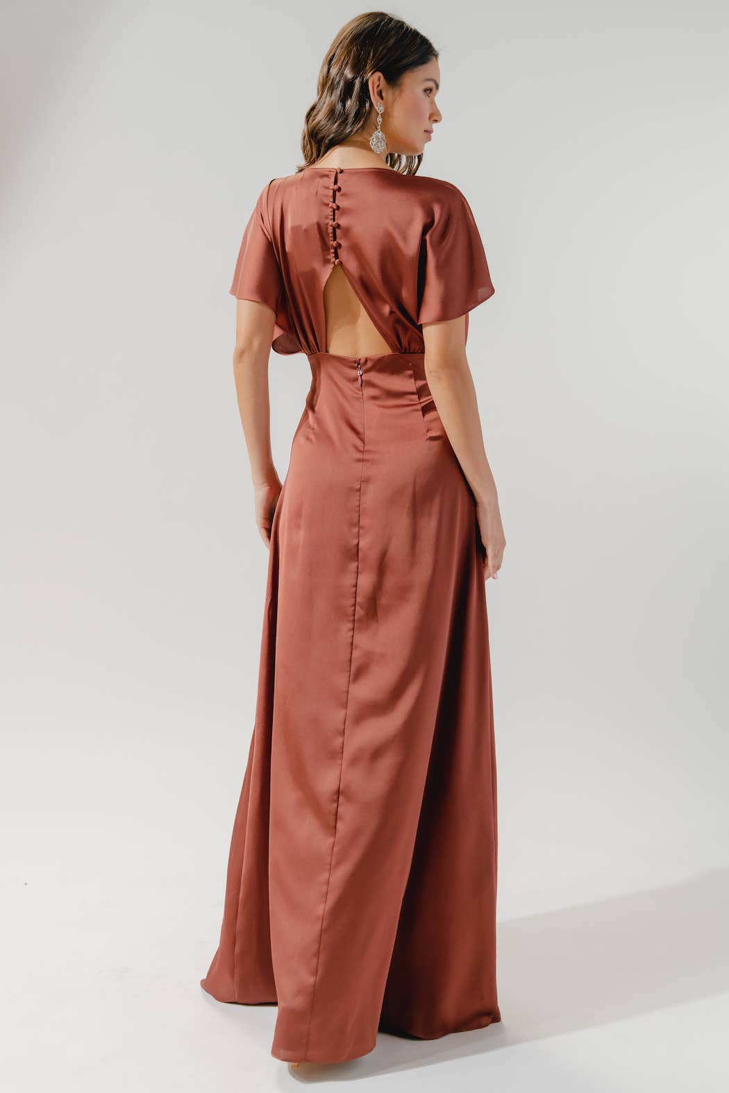 Darling Flutter Sleeve Cut Out Satin Maxi Dress: Black / XL