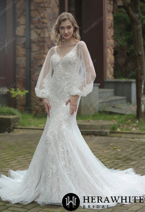 Classic V-Neck Allover Lace Fit And Flare Wedding Dress