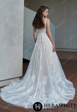 Square Neckline Delicate Bead Lace Wedding Dress
