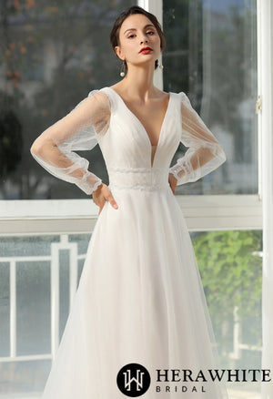 Bishop long Sleeve  Ruched Illusion V-neckline Bridal Gown