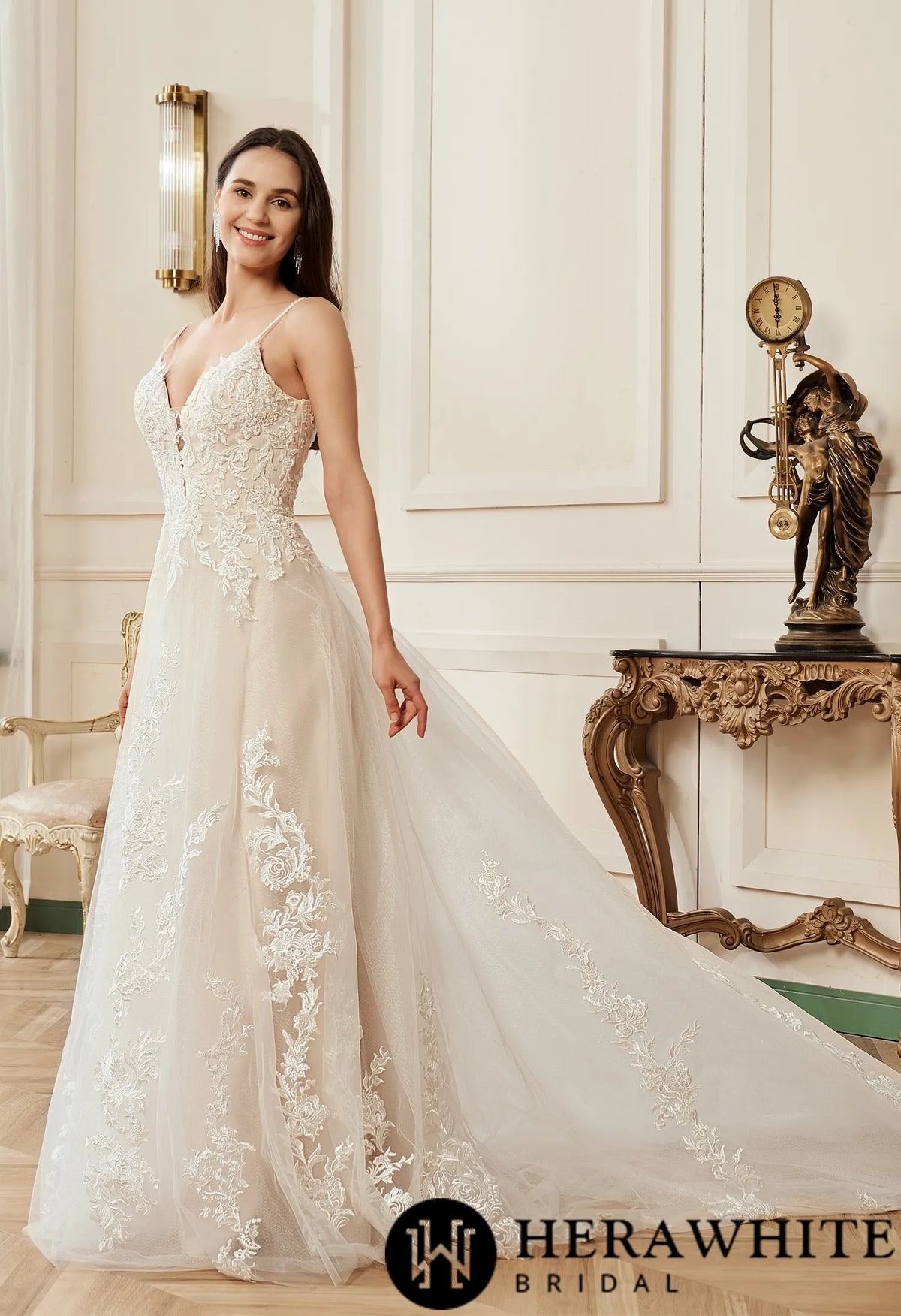 Gorgeous Blush V-neck Flower Lace A-Line Wedding Dress