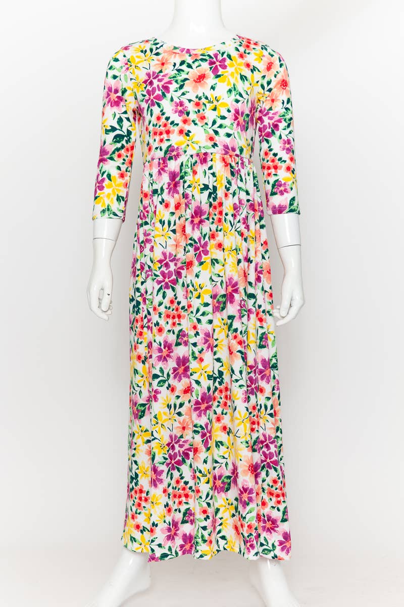 Girls Fit and Flare Floral Maxi Dress: FLORAL NAVY / M