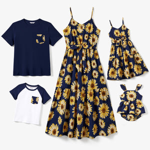 Family Solid Color Tee and Sunflower Flowy Strap Dress Sets