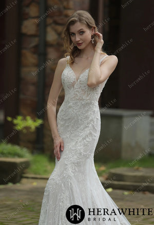 Classic V-Neck Allover Lace Fit And Flare Wedding Dress