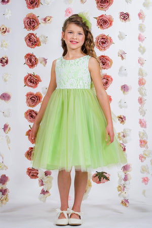 Lace Illusion Girls Dress With/Without 3 Mesh Flowers: Yes / Yellow / 8