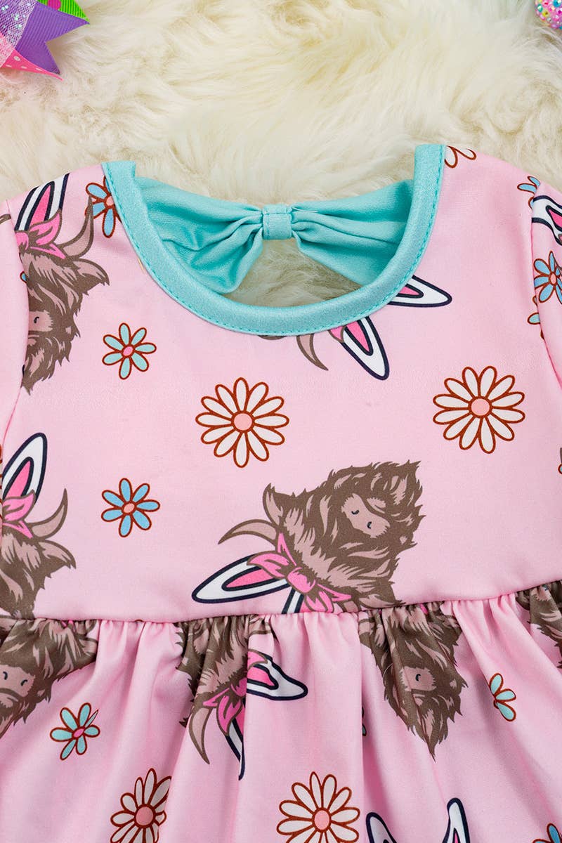 HIGHLAND COW WITH EASTER EARS BABY DRESS. RPG20144009 SOL: 12-18M