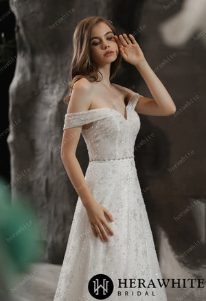 Sparkly Beaded Lace A-Line Bridal Gown With Off the Shoulder Neckline