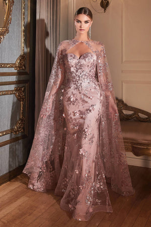 STRAPLESS FITTED GOWN WITH LACE CAPE