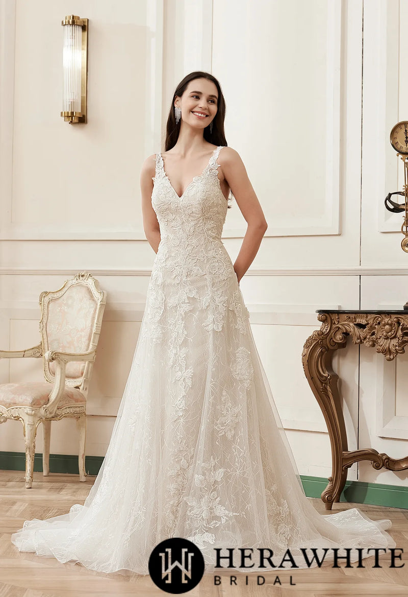 Romantic A-Line V-neck Floral Applique Court Train Bridal Gown