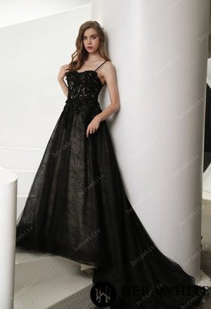 Black Illusion Lace Wedding Dress with Detachable Long Sleeves