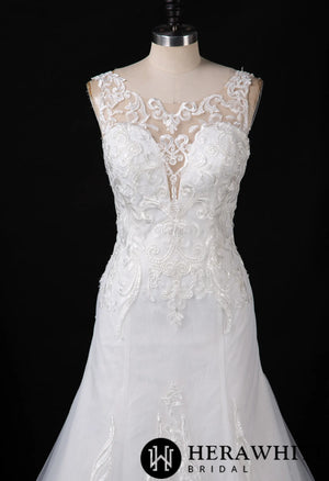 Illusion Plunging V-neckline Lace Wedding Dress With Open Back