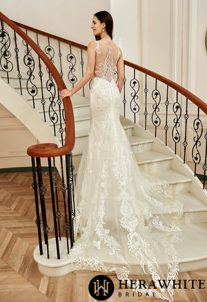 Sequin Beaded Illusion Back Wedding Dress With Long Lace Tulle Trian