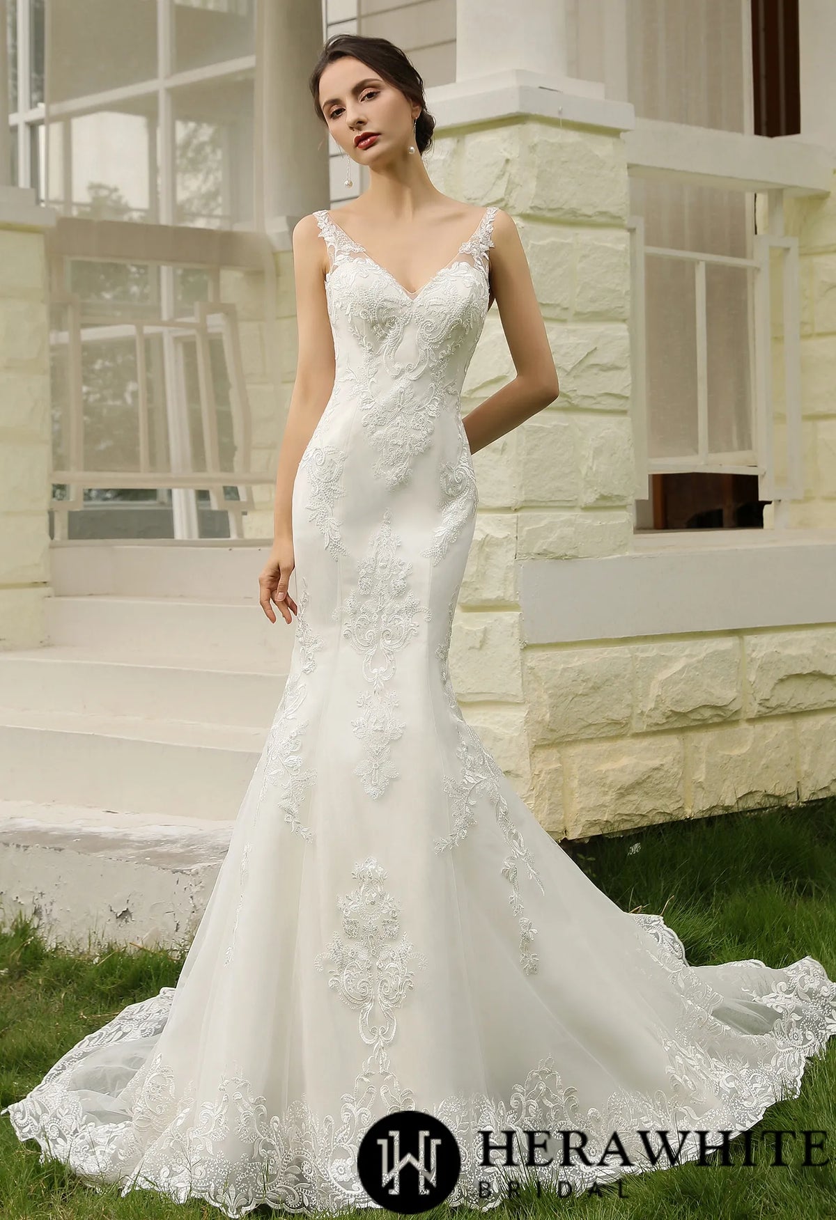 Double Train Fitted Sheath Wedding Gown