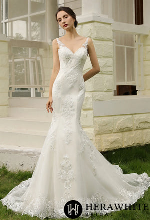 Double Train Fitted Sheath Wedding Gown