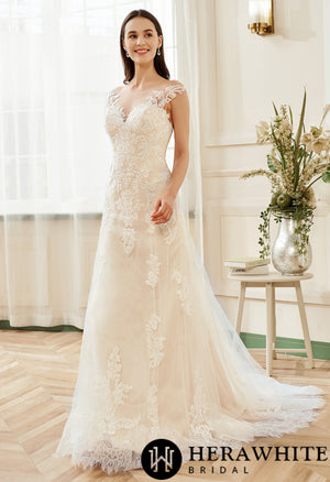Stunning Illusion Lace Bateau Neckline With Cap Sleeve Wedding Gown