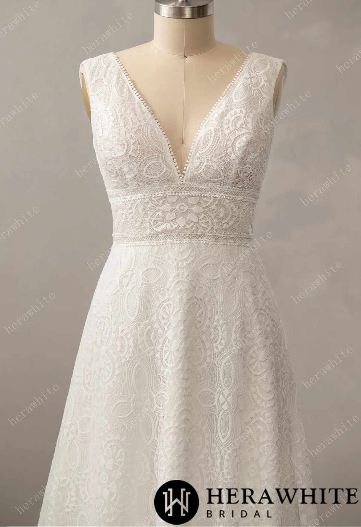 Boho Allover Lace A-Line Wedding Dress with V-Neckline