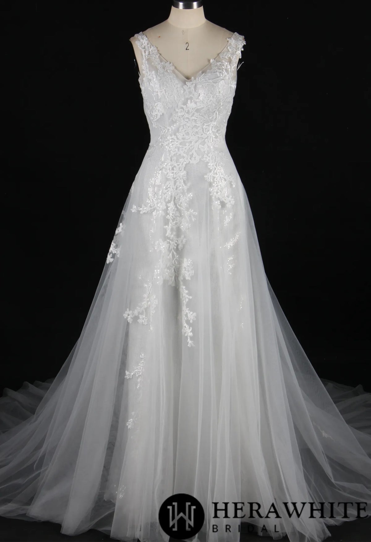 Shining V-Neck Wedding Dress With Long Tulle Train