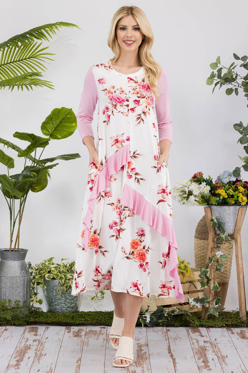 PLUS SIZE FLORAL CONTRAST MID-DRESS WITH RUFFLES -CD43841C-P