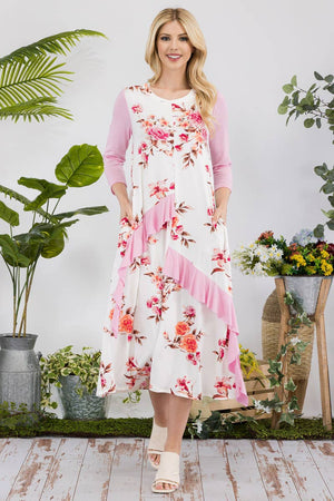 FLORAL CONTRAST MID-DRESS WITH RUFFLE DETAILS -CD43841C