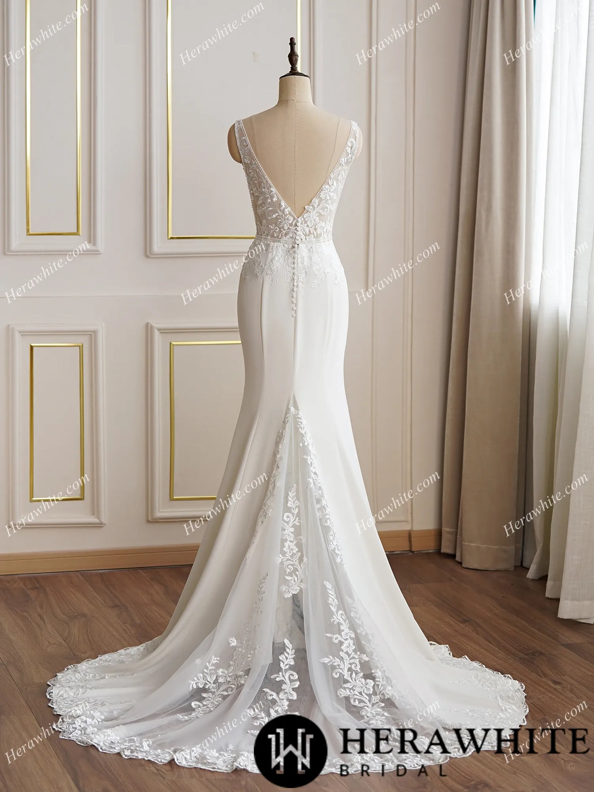 Beaded Lace Fit and Flare Bridal Gown With Lace Train