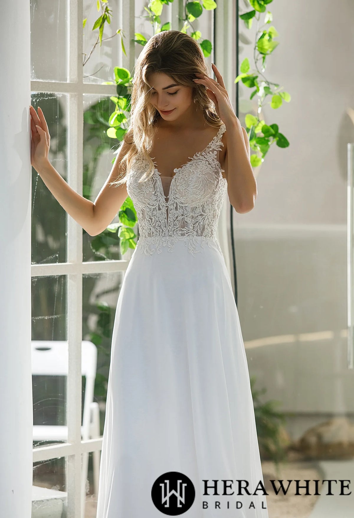 Simple Lace A-line Bridal Gown With Chiffon Skirt
