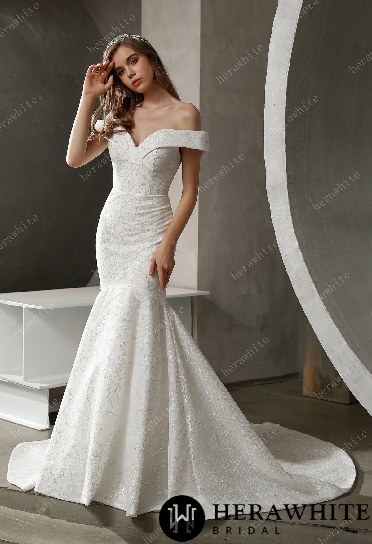Off the Shoulder Mermaid Bridal Gown with Long Train