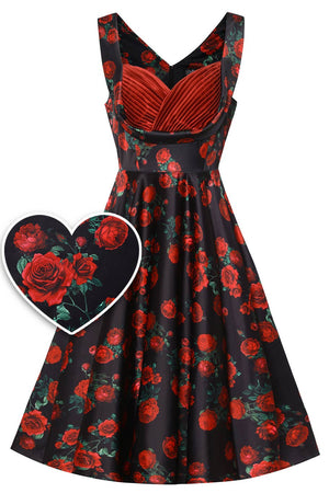 Grace Vintage Style Jive Dress In Black Red Rose