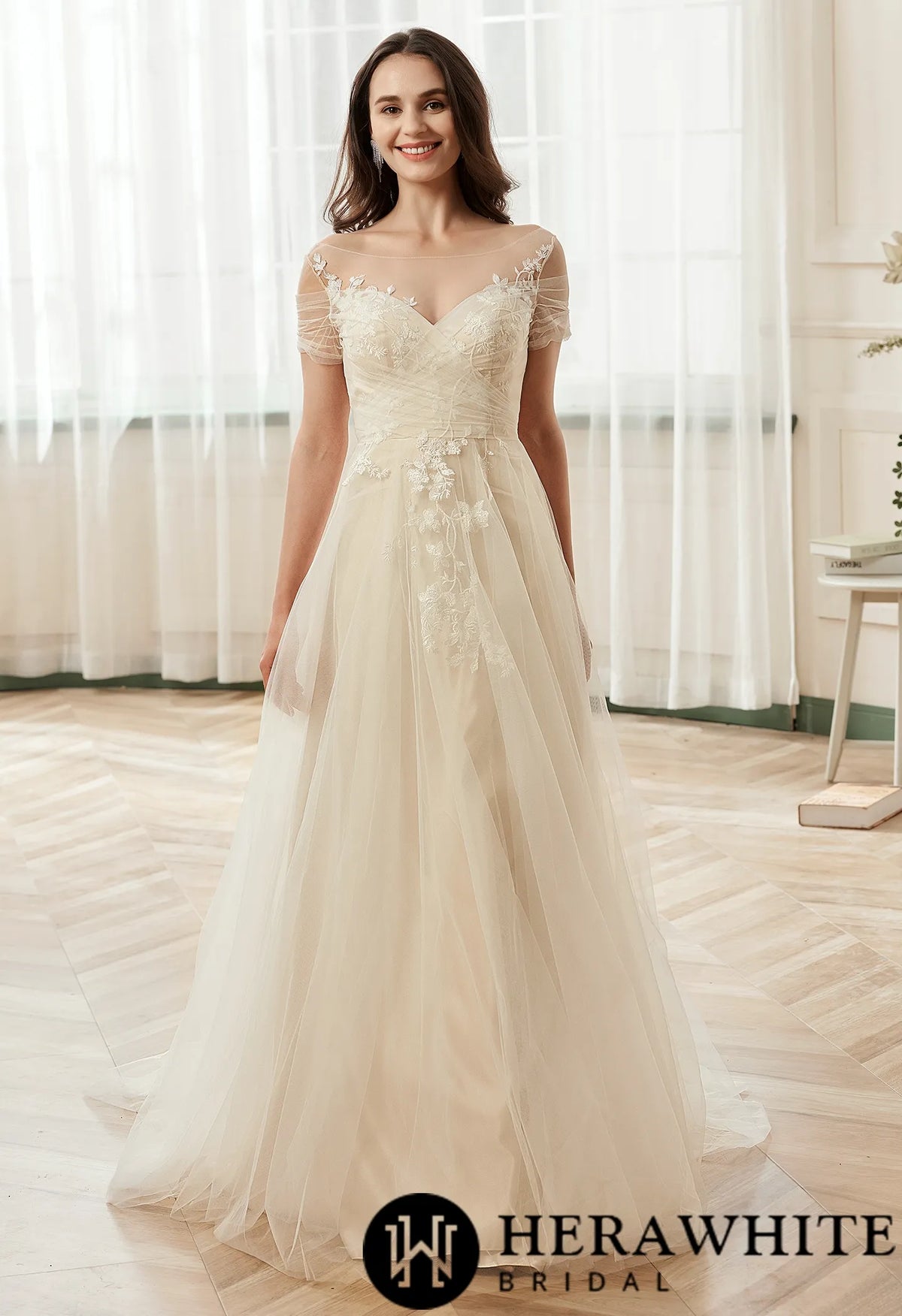 Romantic Off the Shoulder Illusion Pleated Bodice Tulle Bridal Gown