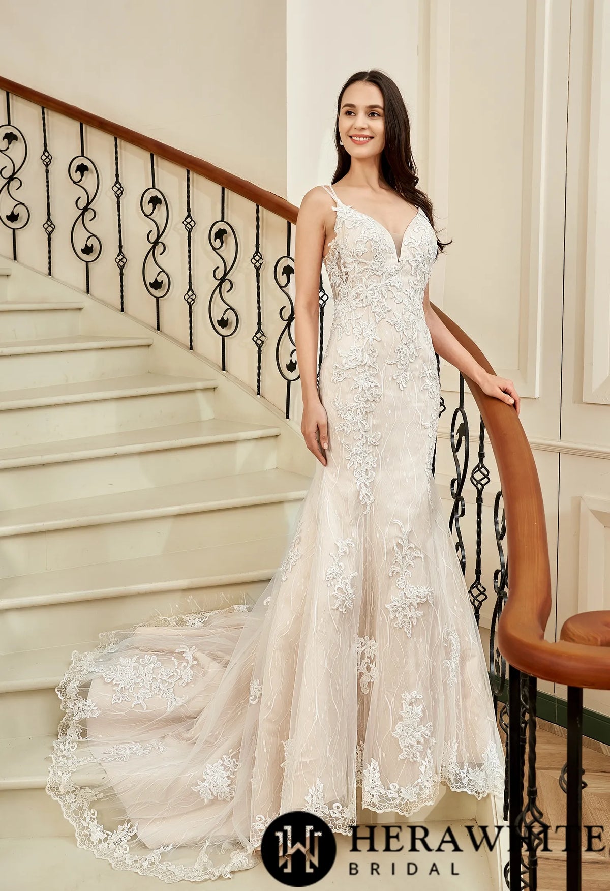 Pink Nude Fit And Flare With Beaded Straps Floral Lace Wedding Dress